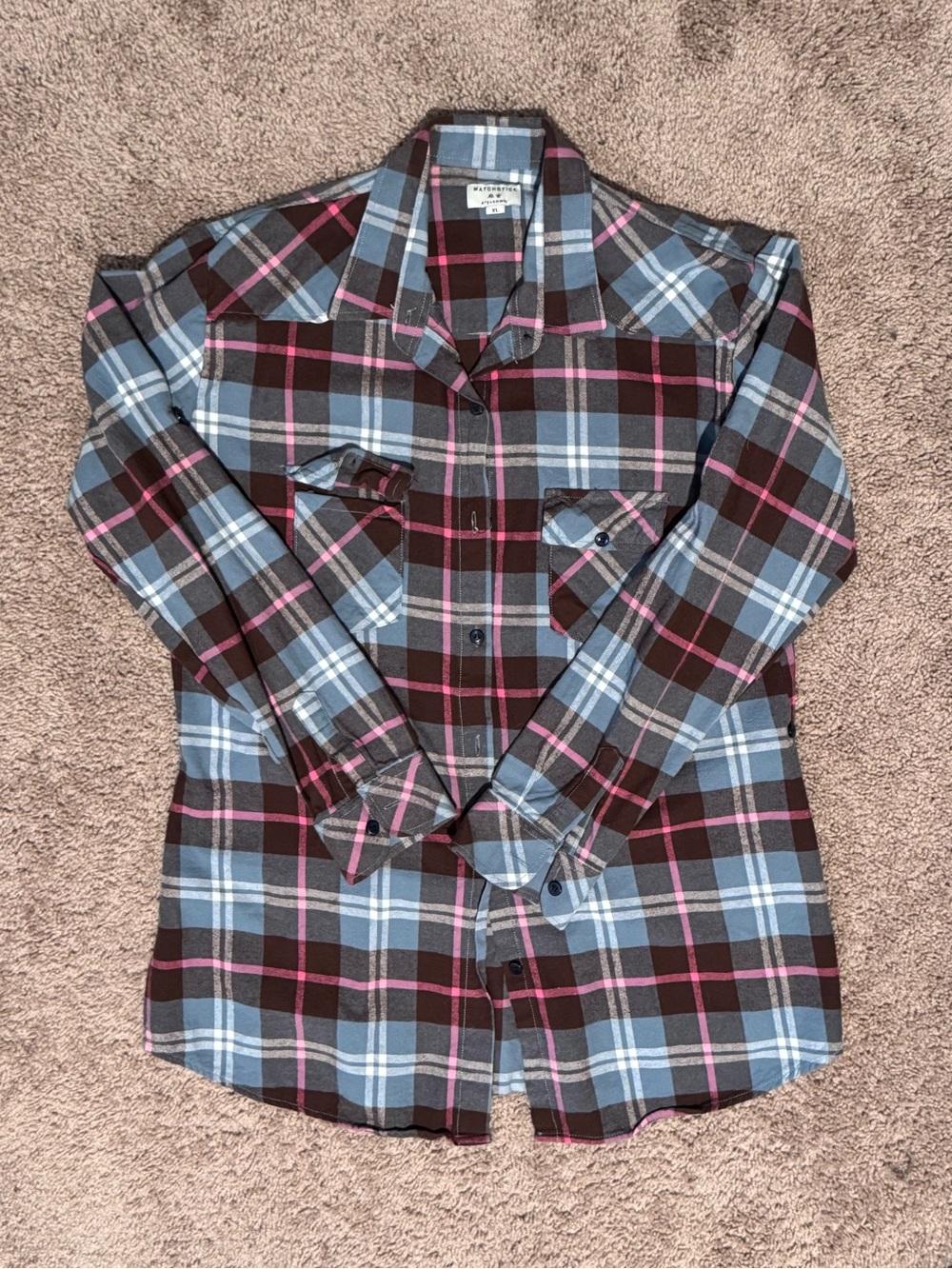 Plaid Flannel Button-Up Shirt in Blue, Grey & Pink